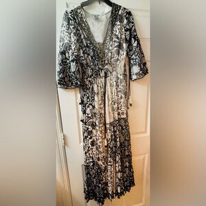 Black and White Floral V-Neck Maxi Dress with Beaded Detail